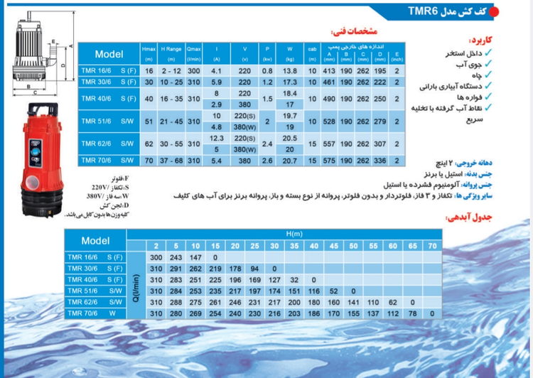 کف کش توان تک ۳۰ متری ۲ اینچ ( لوله 6 ) خروجی بغل بدون فلوتر تکفاز TMR30.6 | پمپ کفکش ایرانی 1/5 اسب تک فاز