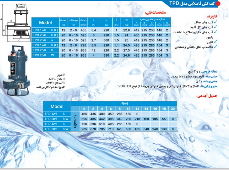 لجن کش ۱۳ متری پروانه گردابی سه فاز ۲ اینچ توان تک (لوله6) TPD13/6/3PH | لجنکش پروانه چدنی