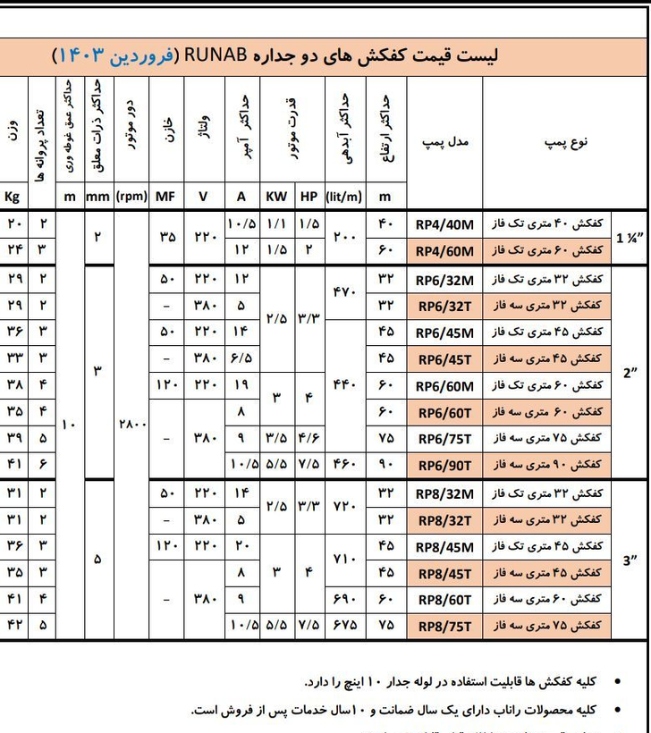 کفکش دو جداره راناب ۳۲ متری ۳ اینچ ۳/۳ اسب سه فاز آبدهی بالا RUNAB مدل RP8/32T | پمپ کف کش خروجی بالا ایرانی