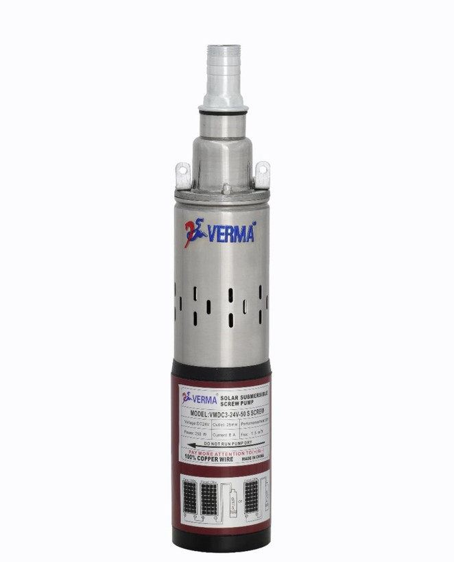 پمپ شناور خورشیدی ورما 50 متری 1 اینچ 24 ولت 250 وات برق DC مدل VMDC3-24V-50S SCREW | پمپ مخصوص سولار پنل - آفتابی